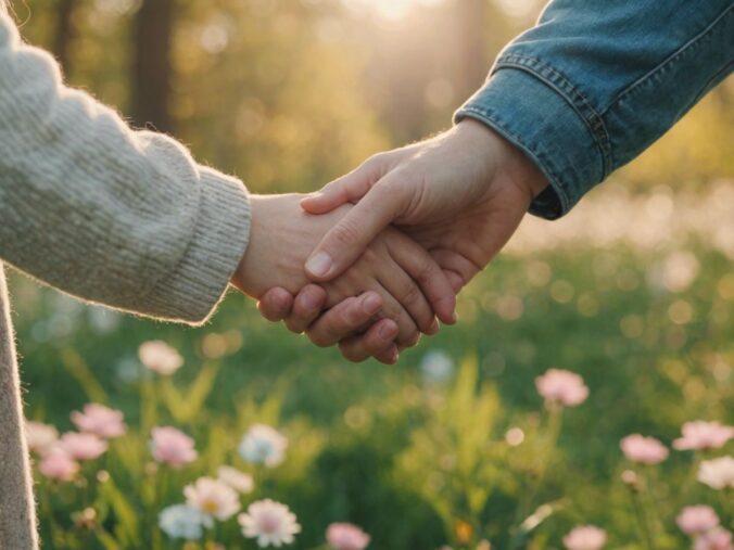 Parent and child holding hands in a serene, pastel-colored setting, representing the nurturing essence of gentle parenting.