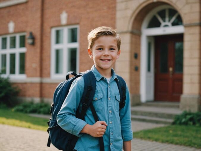 Child with backpack standing in front of school, ready for first day of secondary school.