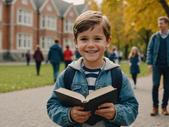 Happy child holding a book with a school in the background and smiling parents standing beside.