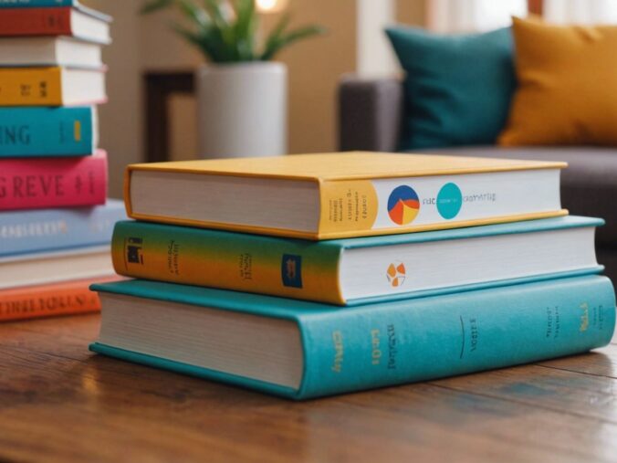 A stack of colorful parenting books on a wooden table, perfect for every parent looking for guidance.