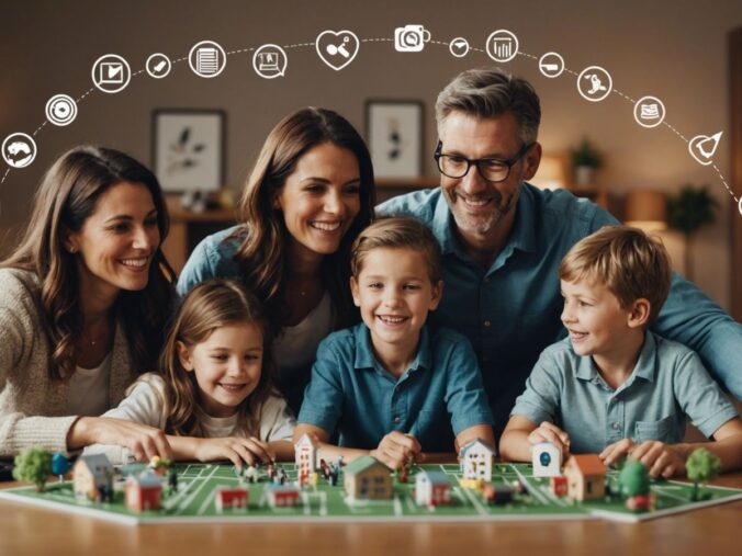 Happy family with planning icons, representing an effective parenting plan.