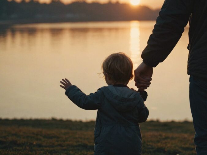 Parent holding child's hand, walking towards sunrise, symbolizing hope, guidance, and inspiration in parenting.