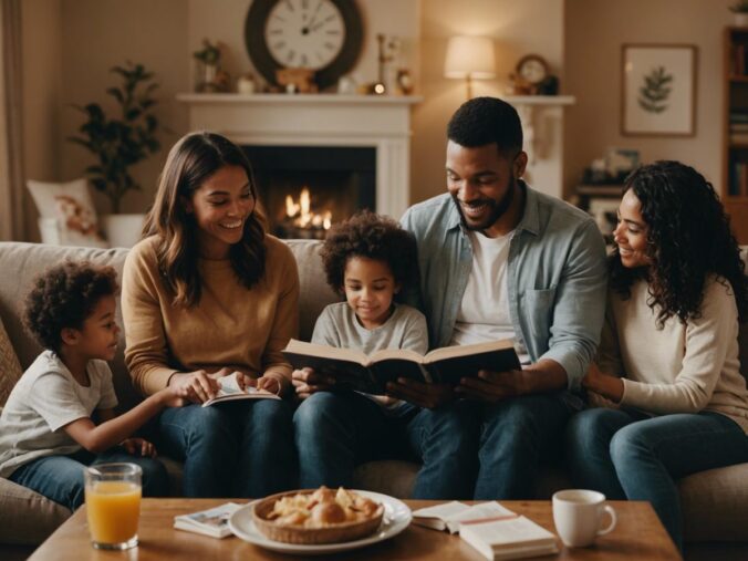 A diverse family spending quality time together in a cozy living room, engaging in activities like reading and playing.