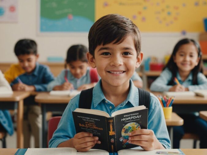 Happy child holding a book, surrounded by school supplies like pencils, rulers, and notebooks, symbolizing student success.