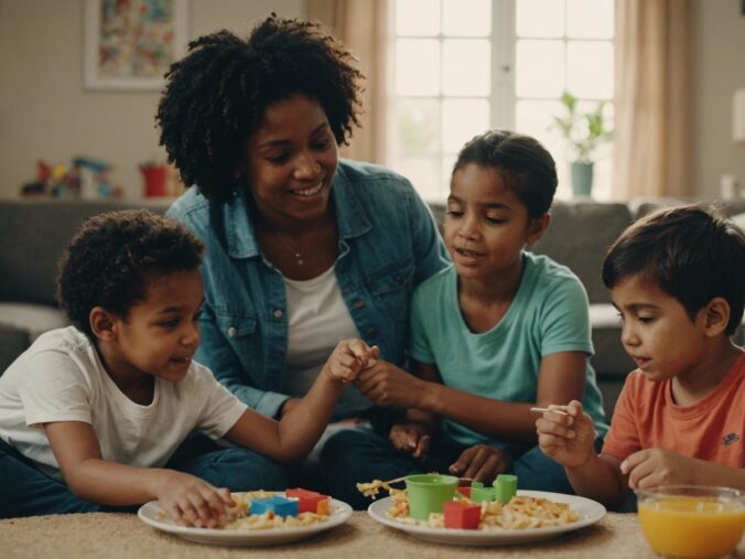 Parents engaging with children in different activities, representing various parenting styles like authoritative, permissive, and authoritarian.