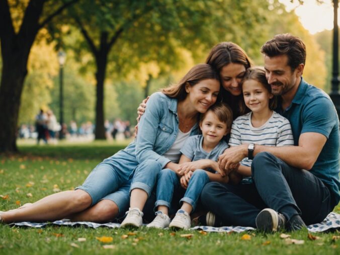 Happy family sitting in a park, parents hugging children, symbolizing love and unity in positive parenting.