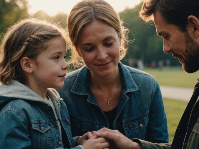 Co-parents spending quality time with their child together.