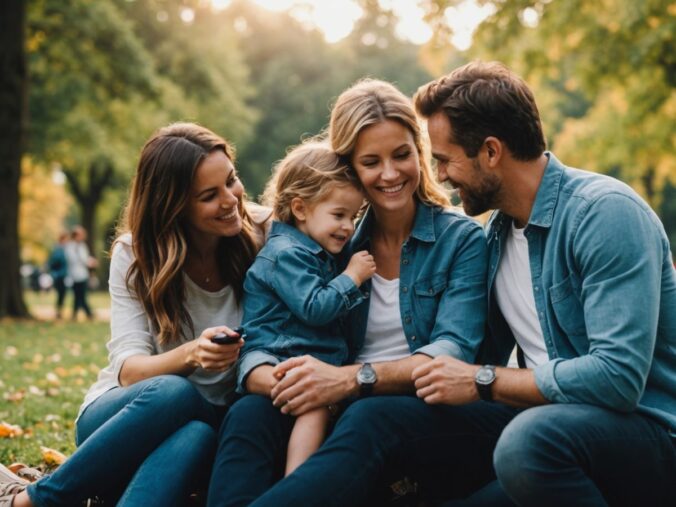 Parents and children smiling and playing outdoors together.