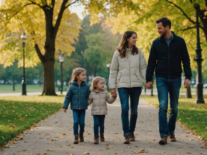 Parents walking with child in park, holding hands