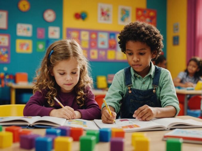 Young children engaged in educational activities in a classroom