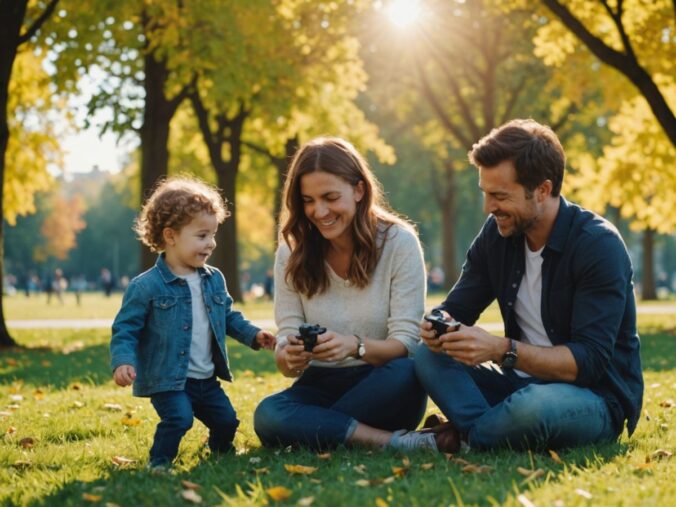 Parents and children bonding in a sunny park