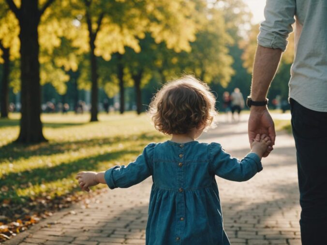 Parents walking with child in a sunny park