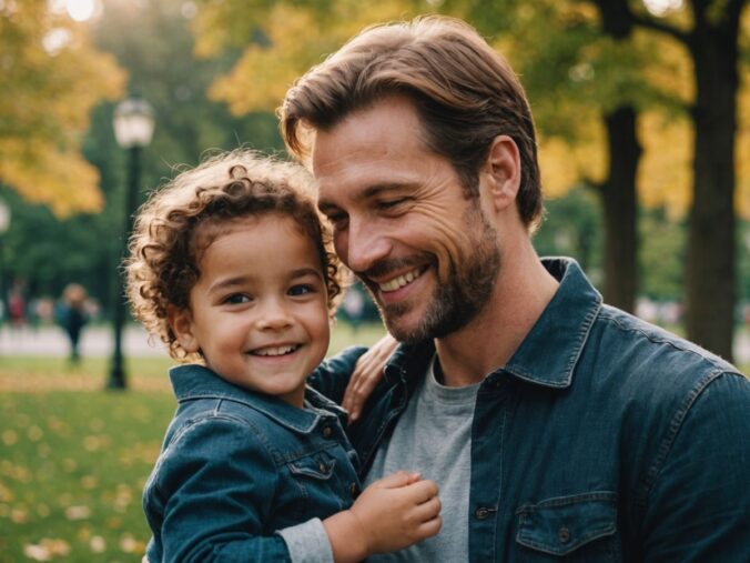 Single parent and child smiling in a park